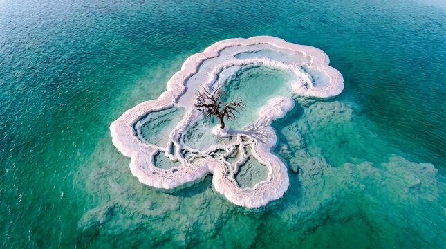 Lone tree growing on a salt pillar in the Dead Sea..