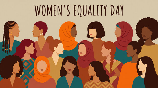 Women's equality day celebration poster with diverse group of women holding equality symbols and colorful signs in flat vector illustration style female empowerment human rights