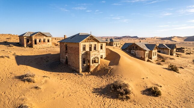 Abandoned colonial houses being buried by dunes in Kolmanskop.