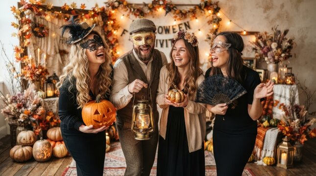Friends in Halloween costumes laughing and holding pumpkins and lanterns
