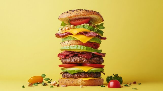 Towering gourmet burger stacked high with fresh ingredients including lettuce, tomato, bacon, and cheese, set against a vibrant yellow background showcasing culinary artistry