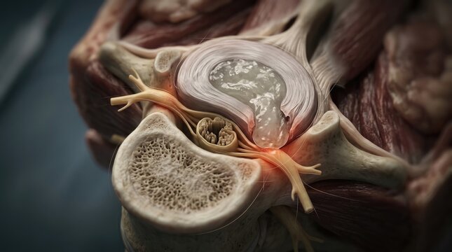 Spinal anatomy illustrate: disc herniation, nerve compression, degenerative process, orthopedic concern, neurological impact, acute pain, chronic ache.