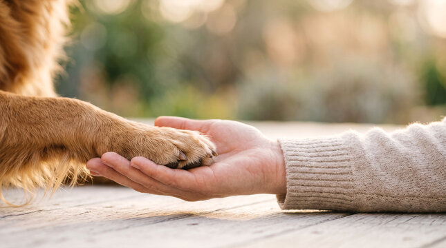 Dog paw resting on human hand, symbol of friendship and trust