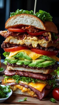 Stacked gourmet sandwich featuring layers of crispy bacon, fresh lettuce, ripe tomatoes, creamy cheese, and tender meats, showcasing a delicious culinary creation with vibrant colors and textures