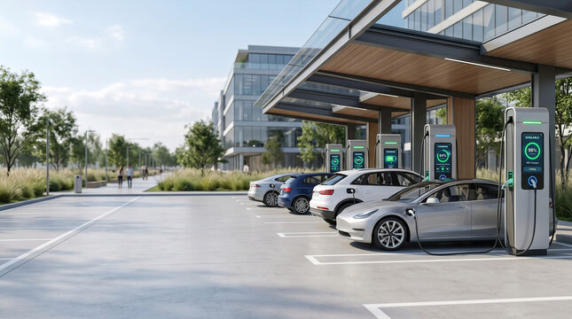 Electric cars charging at sustainable modern office building charging station