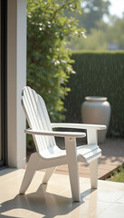 Fototapeta premium White adirondack chair on patio in sunny garden setting 