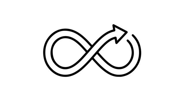 Simplified infinity symbol with bold arrow indicating forward motion and cyclical continuity in a sleek design.
