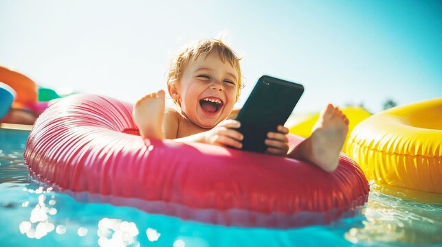 A happy child laughs on an inflatable circle in the pool with a phone