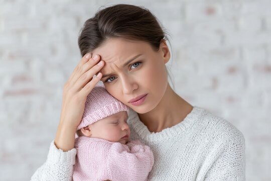 Tired young mother holding sleeping newborn. Woman in white sweater with hand on forehead, baby in pink knitted clothes and hat resting on shoulder, concept of parental exhaustion and postpartum stres