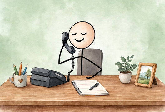 Stick figure talking on a retro telephone while sitting at a desk. Watercolor illustration.