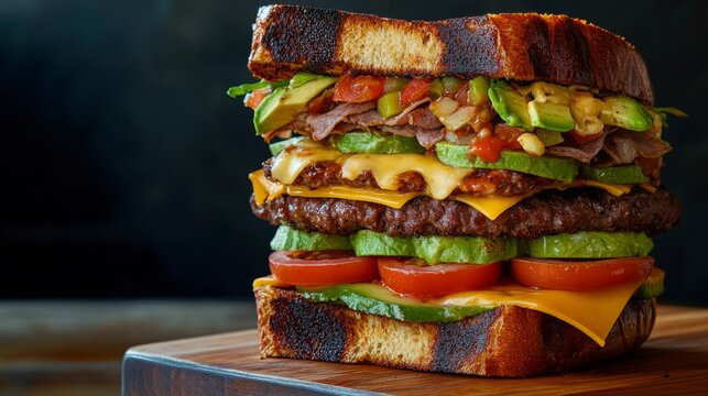 Gourmet burger stacked high with layers of fresh vegetables, melted cheese, and savory meats, served on toasted bread, showcasing a delicious culinary creation