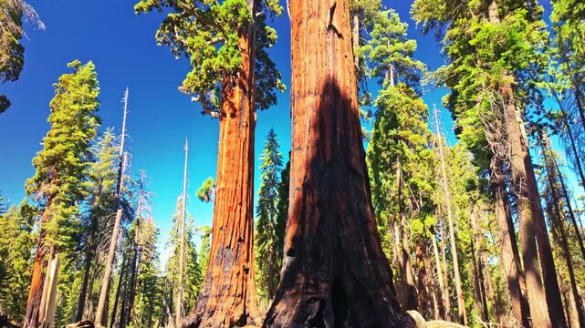 Massive giant sequoia trees along fenced Congress Trail pathway in Sequoia National Park California