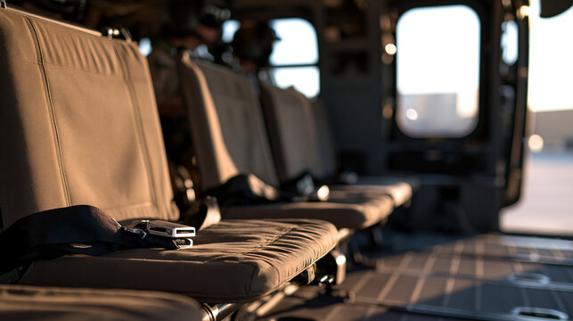 Interior of a utility transport helicopter cabin with canvas seats and exposed structure bright clean cabin light utility interior canvas seats exposed airframe transport
