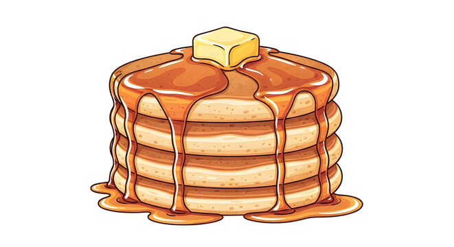 Stack of Fluffy Pancakes with Butter and Maple Syrup Drizzle Isolated on White Background, Delicious Homemade Breakfast Dessert for Cafe Menu, Food Blog and Culinary Design