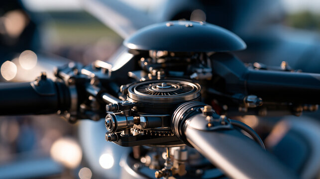 Close up view of a helicopter main rotor head at a bright airport clean technical daylight rotor close up rotor head mechanical detail aviation engineering blade root