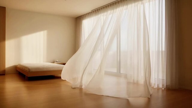 Sunlit airy white curtains blowing in gentle breeze inside bedroom window light sunlight interior home