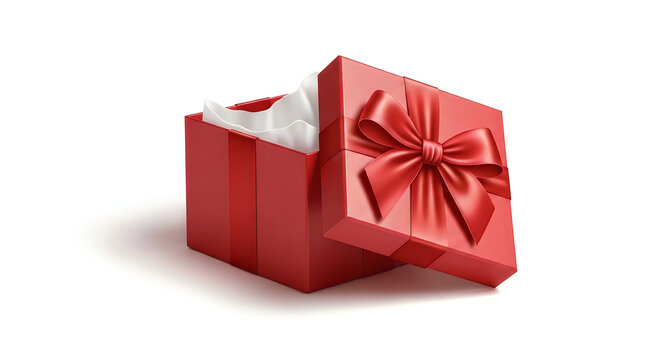 Open red gift box with white tissue paper and bow