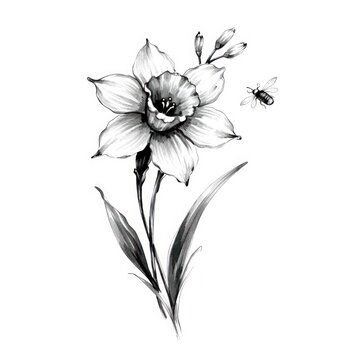 Black and white illustration of a daffodil with a bee nearby.