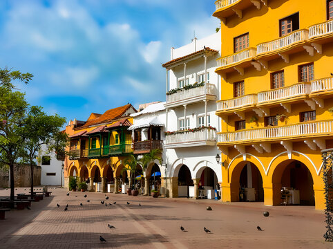 Colorful colonial architecture in Cartagena, Colombia, featuring vibrant yellow and white buildings, traditional balconies, arcades, cobblestone plaza, and bright Caribbean sunlight.
