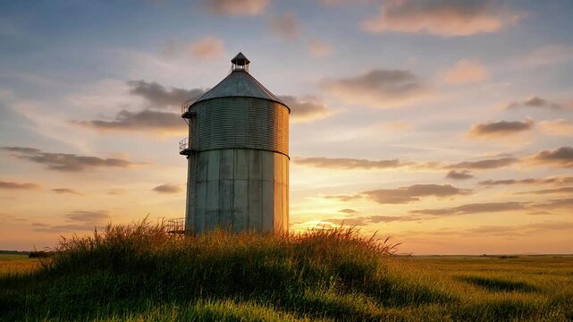Metal grain silo standing in grassy field during sunset golden hour farm agriculture rural sky farming