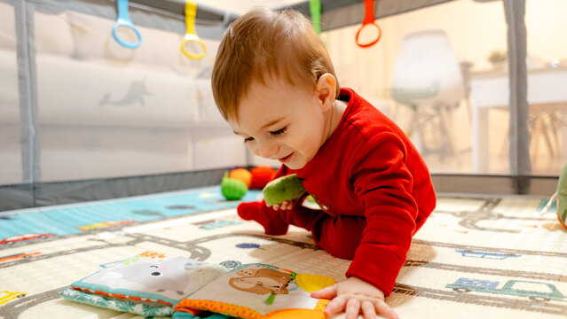 Happy baby crawling on play mat and exploring soft book