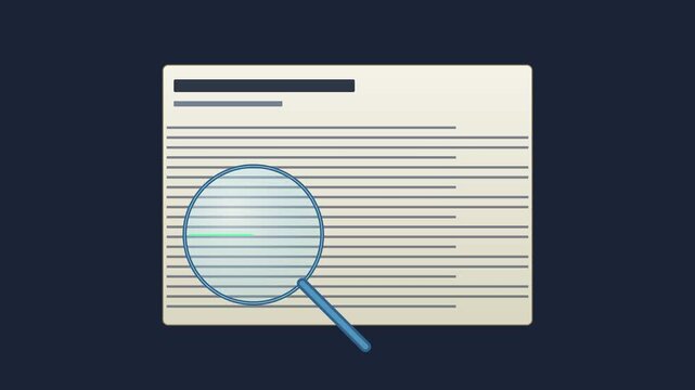 Magnifying glass scanning document text for data analysis and research animation 4k