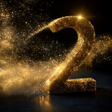 Shimmering golden number two with sparkling particles dispersing into the dark background for celebration or anniversary concepts