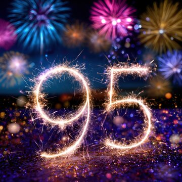 Sparkler numbers forming ninety-five with colorful fireworks and festive sparkles in the background during nighttime celebration event