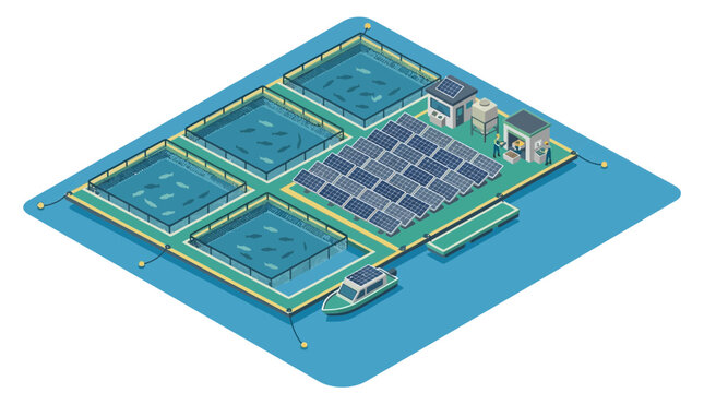 Floating Fish Farm with Solar Panels and Aquaculture Cages