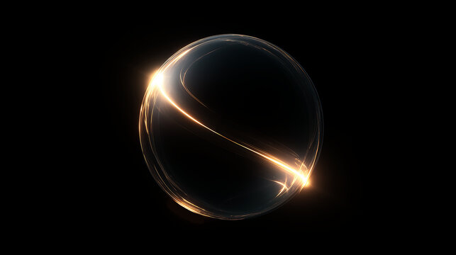 Abstract glowing glass sphere with golden light streak on black background. Futuristic energy orb concept, minimalist design emphasizes light, energy, and futuristic technology themes