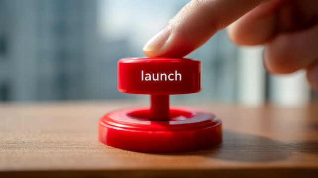 Finger pressing red launch button on wooden surface with blurred office windows in background symbolizing decision making and initiation of projects or actions