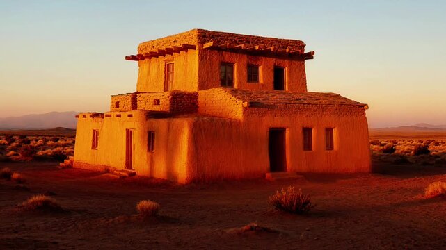 Ancient adobe building in desert landscape at golden hour architecture historic clay mud structure