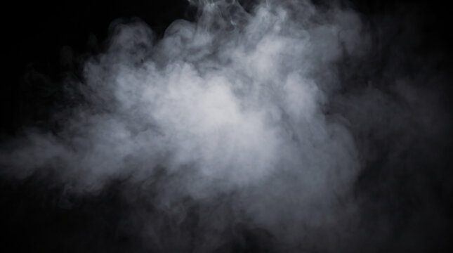 Atmospheric white smoke cloud on black background, ethereal steam texture overlay, swirling wispy fog effect for cinematic design