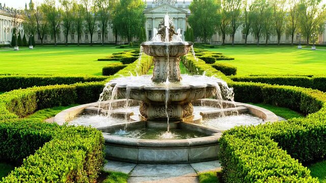 Classical stone fountain in formal park garden with greenery water sculpture architecture summer nature