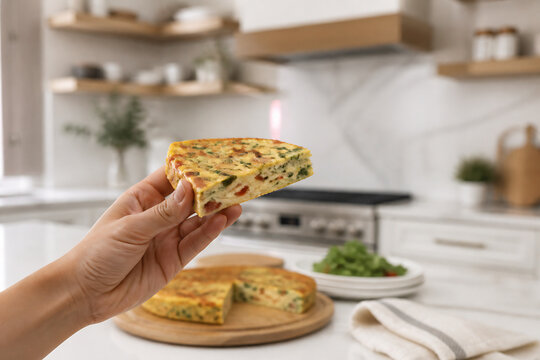 A hand holds a slice of frittata in a bright, modern kitchen setting.
