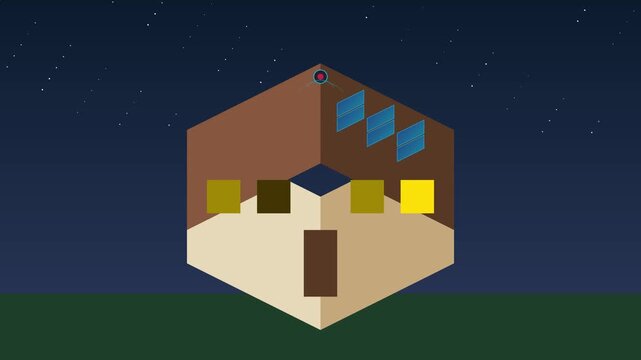 Minimalist isometric house animation with glowing windows at night for real estate and smart home technology concepts 4k