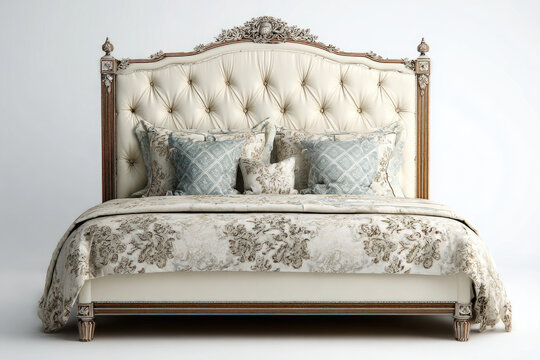 A classic double bed with a large headboard is isolated on white.