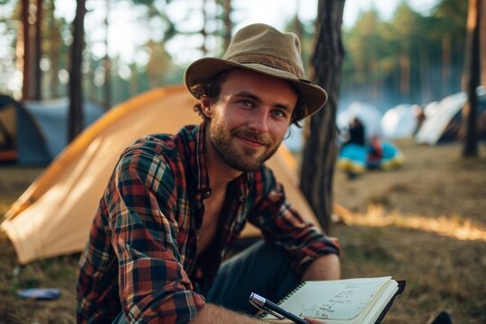 Young man with a hat sitting on the ground, sketching in a notebook, surrounded by tents in a forest campsite, enjoying nature and outdoor activities