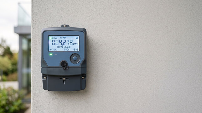 Digital smart meter mounted on building exterior displaying energy usage data