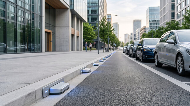 Smart parking sensors with blue indicator lights on city street