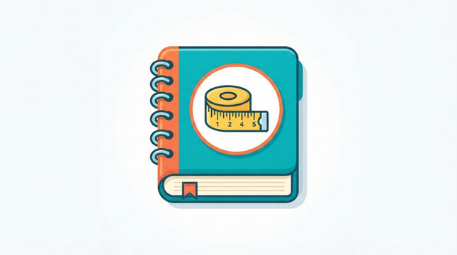 Custom fitness journal with weight loss tracking icon. Slimming planner featuring diet and workout progress symbols for health goals.