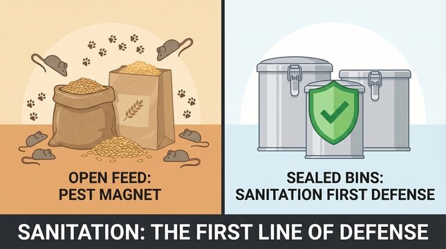 Illustration comparing open grain bags attracting mice versus sealed metal bins with a shield icon. Highlights food safety and hygiene. Ideal for educational materials on pest management.