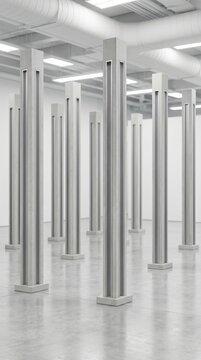 Tall slender concrete pillars stand in a bright white minimalist gallery. Modern industrial aesthetic creates a clean contemplative mood. Ideal for architectural or design concepts.