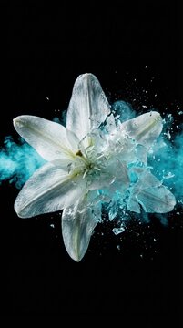 A white lily flower frozen and shattering with ice shards and blue smoke against a black background. Concept of fragility and destruction. Ideal for artistic and metaphorical projects.