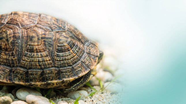 Close-up of tortoise shell texture with pebbles and aquatic plants