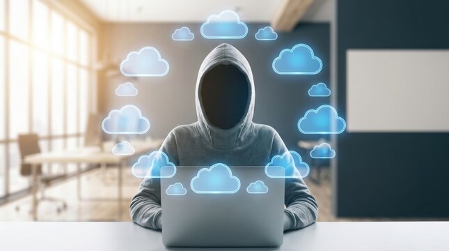 Anonymous person in hoodie using laptop surrounded by glowing cloud icons. Represents cybercrime, data theft, and cloud security risks in digital era. Ideal for cybersecurity articles.