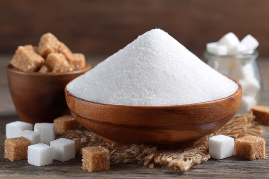 Pile of sweet white sugar in bowl. Brown sugar cubes in background. Stevia pills on table. -