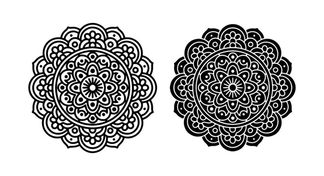 Ornate mandala vector set, black and white circular patterns, decorative floral design elements