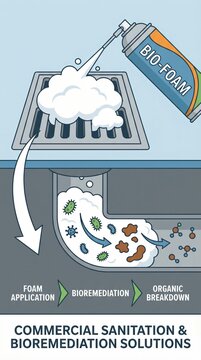 Infographic showing bio-foam application in a drain pipe. The process illustrates bioremediation and organic breakdown of waste. Ideal for industrial cleaning and plumbing service marketing.