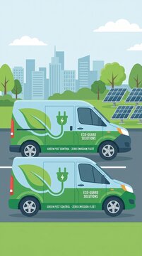 Two electric service vans driving through a sustainable city. Promotes zero emission logistics and environmental responsibility. Ideal for green business and renewable energy concepts.
